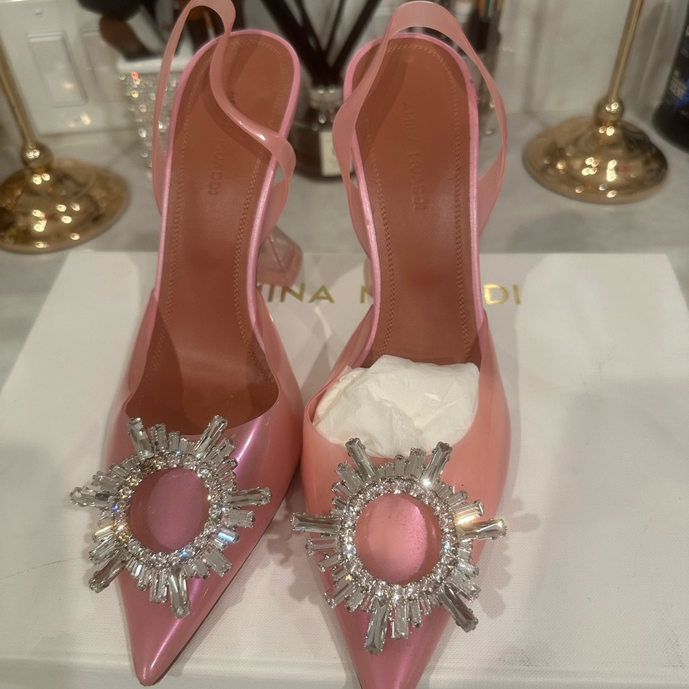 Amina Muaddi Two-Tone Pink Embellished Heels